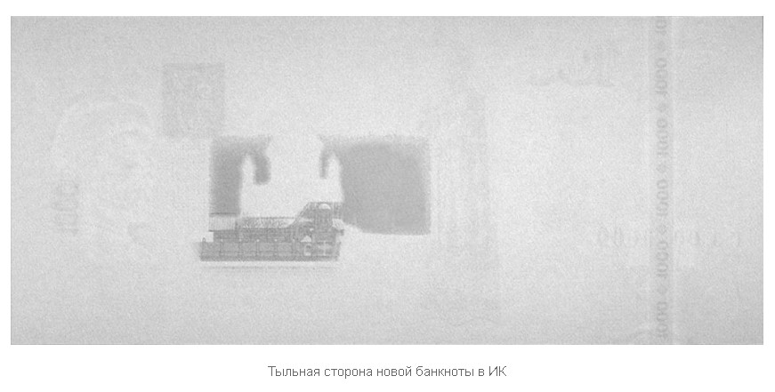 Banknote of 1000 rubles under an infrared lamp